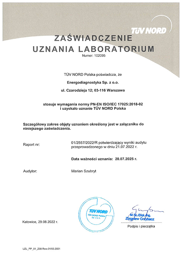 certyfikat TUV na zgodność z normą PN-EN ISO 17025:2018
